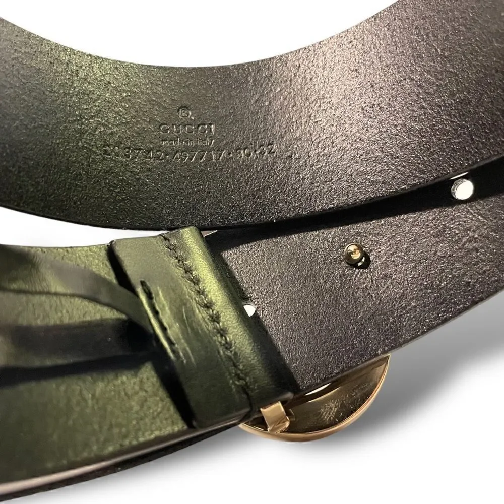 GUCCI Womens Champagne Gold G Buckle Black Leather Belt |Size: 32”|